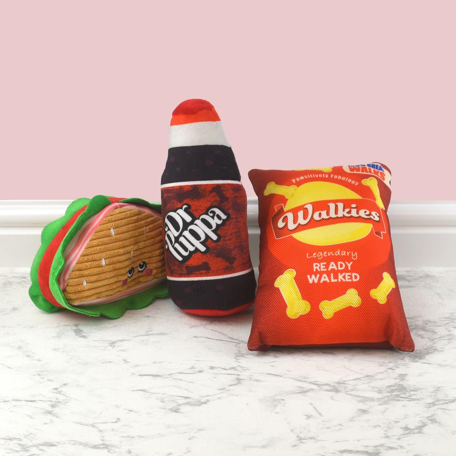 Meal Deal Set of 3 Plush With Squeak Crinkle Crisp Packet Soft Fizzy Drinks Design Sandwich