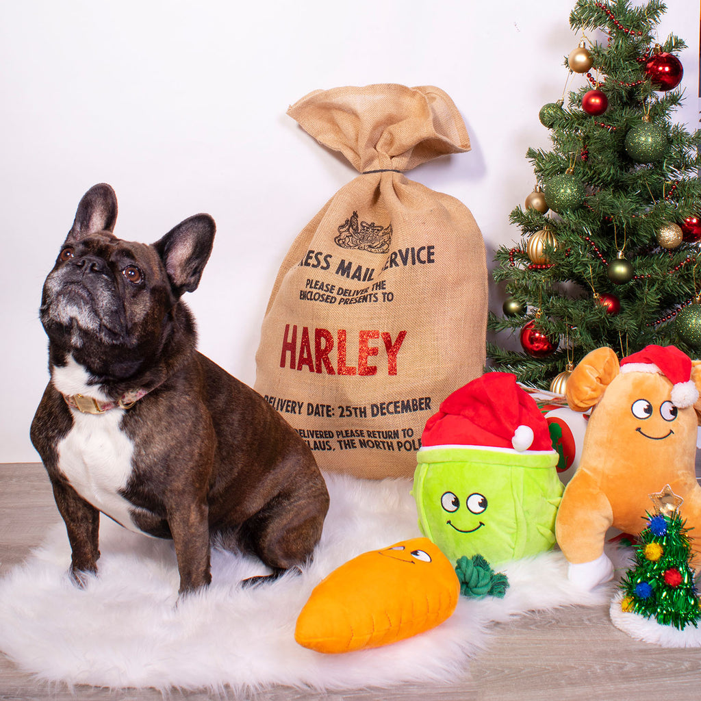 french bull dog christmas dinner plush toys with squeaker and a christmas sack 