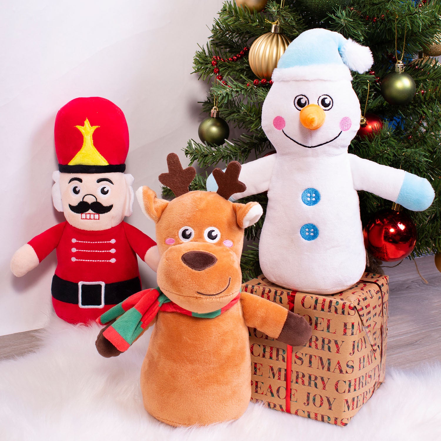 christmas plush toys for dogs nutcracker reindeer and snowman