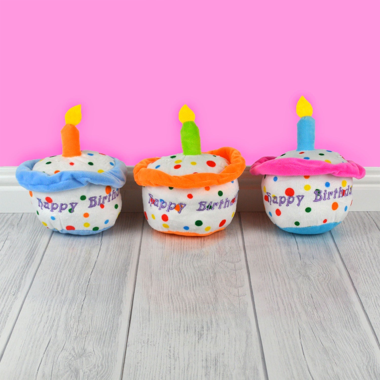 Plush Birthday Cake Dog Toy Blue Pink Orange